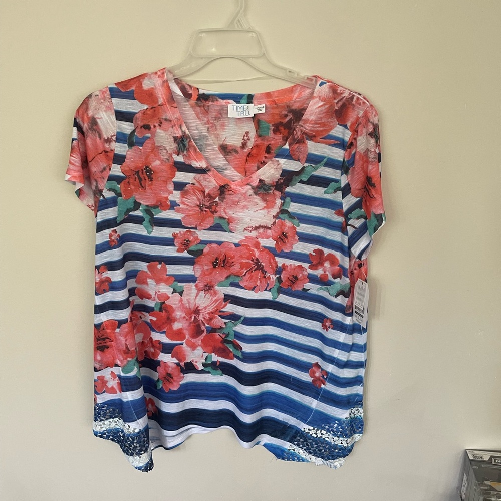 Blue and White Asymmetrical Short Sleeve Blouse